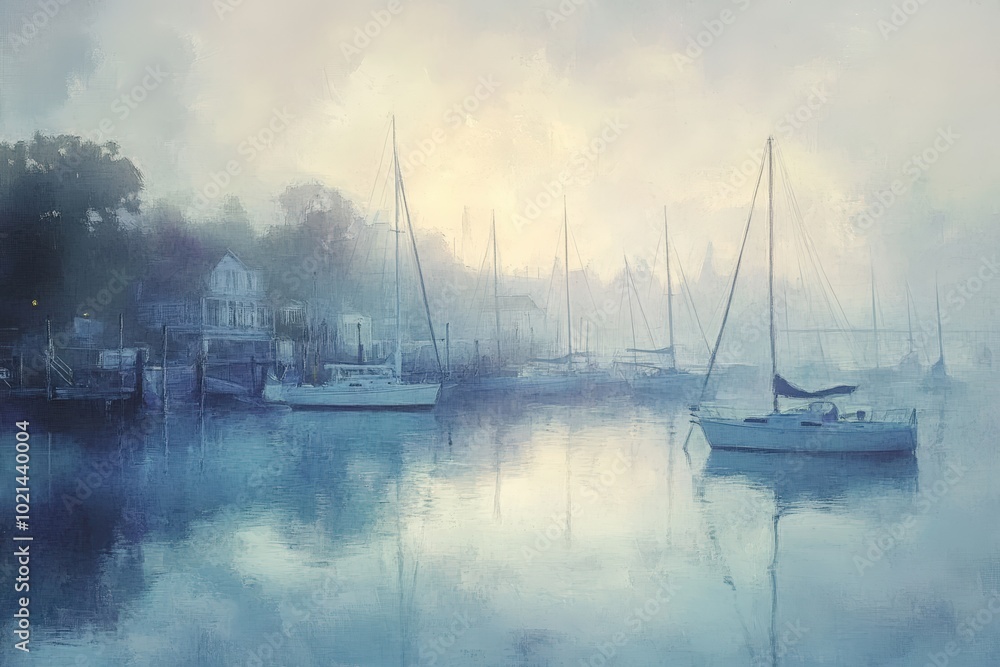 Sailboats at dock in morning mist. Sailboats at dock in morning mist.