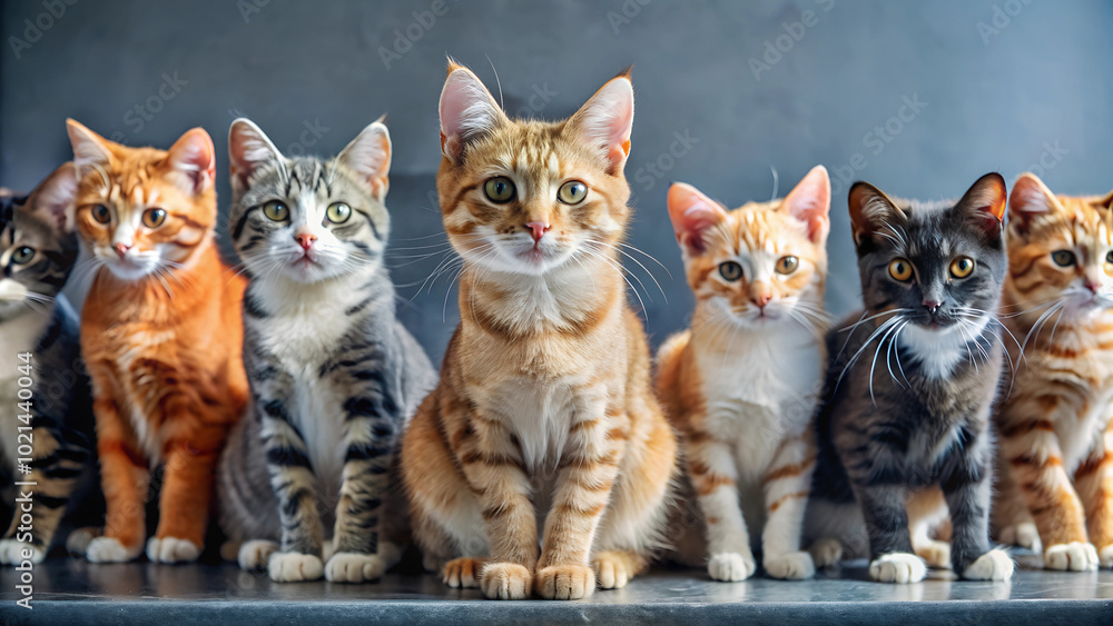 Group of different colored cats sitting together in a row. Group of different colored cats sitting together in a row.