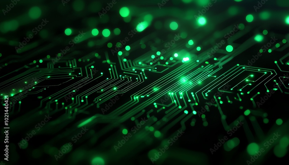 Close-up view of a green circuit board with intricate designs and glowing elements, representing advanced technology and innovation. Close-up view of a green circuit board with intricate designs and glowing elements, representing advanced technology and innovation.