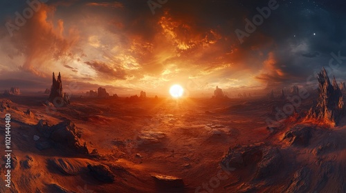 360 HDRI panorama of a sunset on a distant planet Unique landscape environment map Equirectangular projection spherical panorama 3D illustration