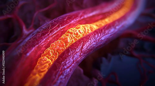 Close-up view of a blood vessel showcasing vibrant colors and intricate textures. photo