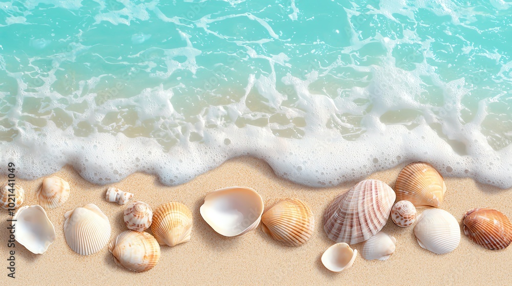 Beautiful seashells scattered on a sandy beach with gentle waves lapping at the shore, creating a serene coastal scene. Beautiful seashells scattered on a sandy beach with gentle waves lapping at the shore, creating a serene coastal scene.