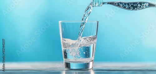 Refreshing Aqua Flow Dynamic Water Pouring into Glass on Blue Background - Hydration and Purity Concept