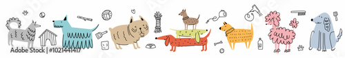Vector horizontal illustration from a collection of different dog breeds and dog grooming items, hand-drawn in a doodle style