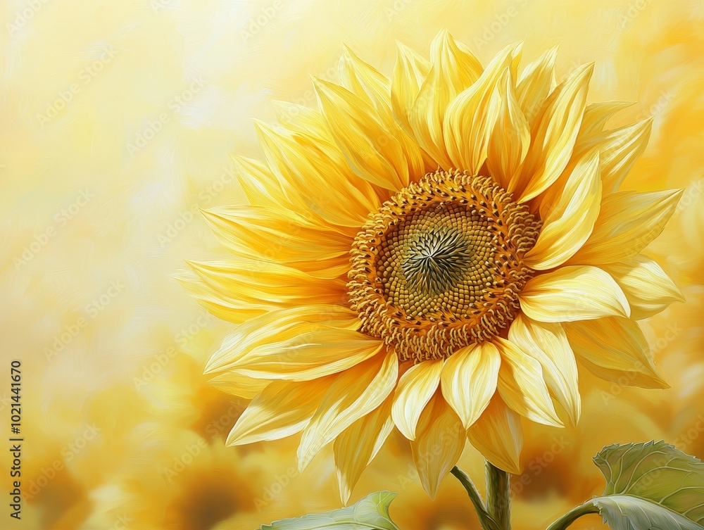 Vibrant Sunflower Bloom in Dreamy Yellow Field - Serene Floral Closeup with Painterly Effect, Ideal for Nature, Happiness, and Summer Concepts Vibrant Sunflower Bloom in Dreamy Yellow Field - Serene Floral Closeup with Painterly Effect, Ideal for Nature, Happiness, and Summer Concepts