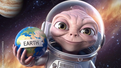 Cute Alien Holding Earth World Globe, 3d