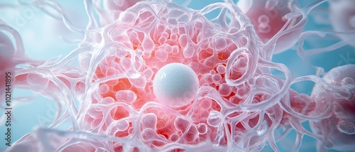 Ethereal Cell Fusion Abstract Closeup of Reflective Sphere Amid Organic Structures in Blue Hues - Scientific Beauty and Delicate Fragility photo