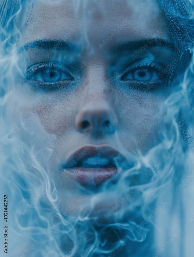 Close-up of a Woman's Face Partially Obscured by Smoke Close-up of a Woman's Face Partially Obscured by Smoke