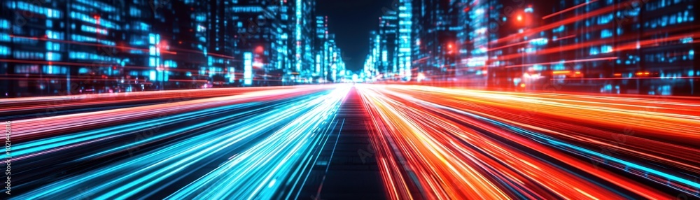 Dynamic urban night scene featuring vibrant light trails from moving vehicles in a city environment Dynamic urban night scene featuring vibrant light trails from moving vehicles in a city environment