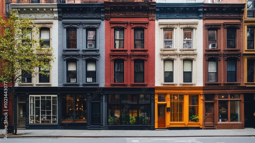 Fototapeta premium Colorful Row of Historical Buildings in a Vibrant Urban Neighborhood During the Golden Hour