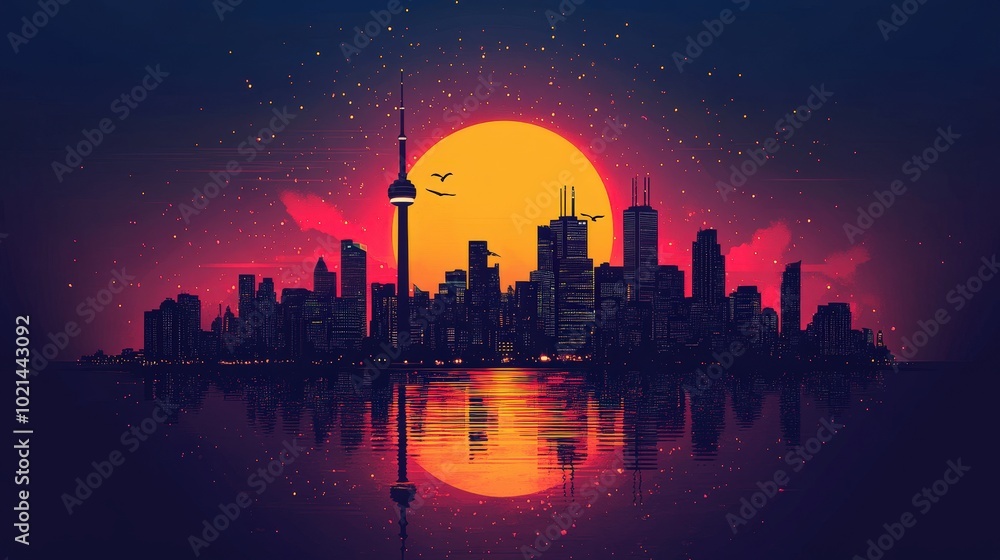 Fototapeta premium Urban Dusk Delight - Minimalistic Black Outlines of Majestic City Skyline with Playful Colors and Glowing Horizon in Retro Style Graphic Poster Illustration