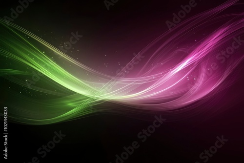 Abstract Green and Purple Curved Lines with Glowing Particles on Black Background