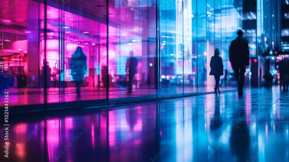 Vibrant Reflections of Urban Life at Twilight With Colorful Lights Illuminating Passersby in the City Vibrant Reflections of Urban Life at Twilight With Colorful Lights Illuminating Passersby in the City