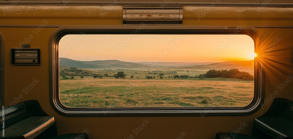 Serenity in Motion Sunset View Through Curved Train Window Over Rolling Hills Serenity in Motion Sunset View Through Curved Train Window Over Rolling Hills