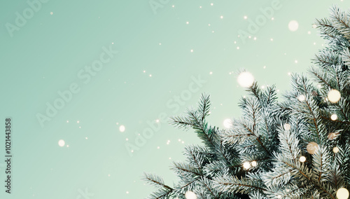 Christmas banner design. Pine tree on teal background with copy space. 3D Rendering, 3D Illustration