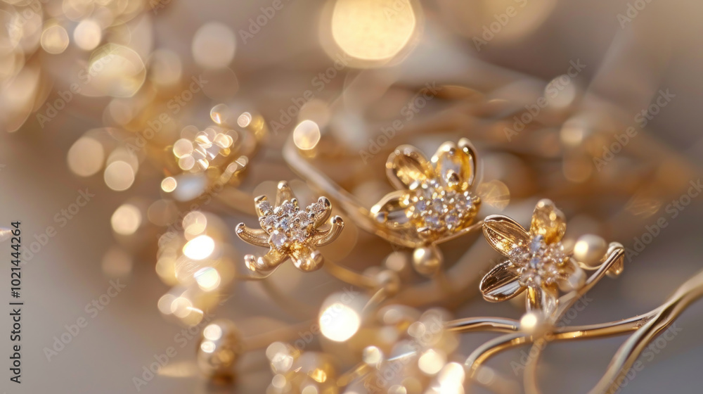 A close-up of handcrafted luxury jewelry, showcasing intricate details of gold and diamonds in an elegant, minimalist display under soft lighting A close-up of handcrafted luxury jewelry, showcasing intricate details of gold and diamonds in an elegant, minimalist display under soft lighting