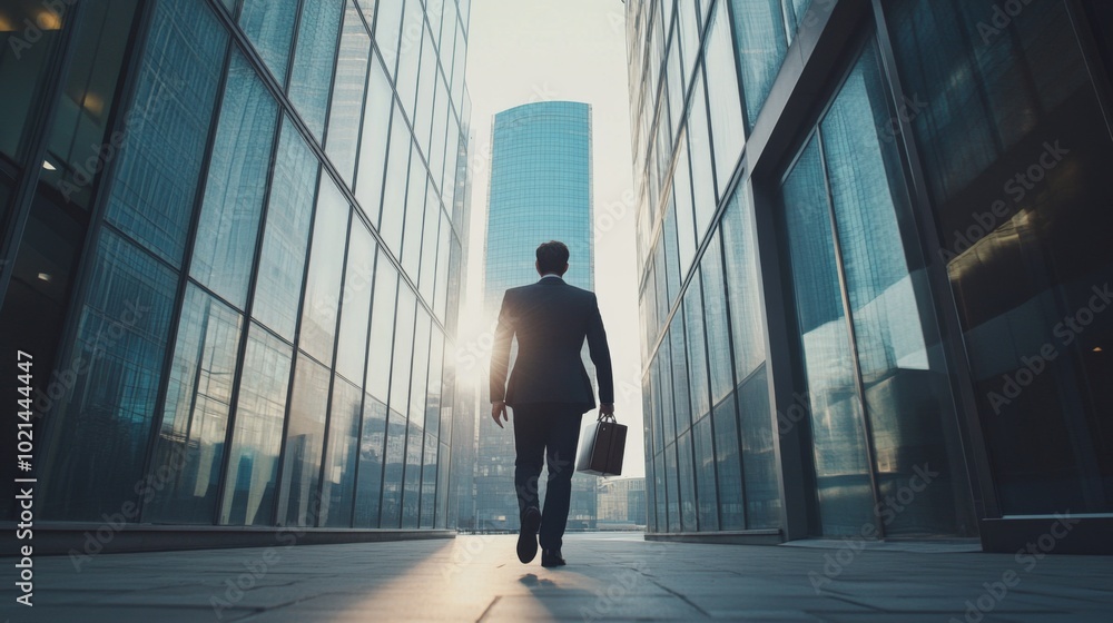 Businessman Walking Towards a Tall Glass Building in a City Businessman Walking Towards a Tall Glass Building in a City