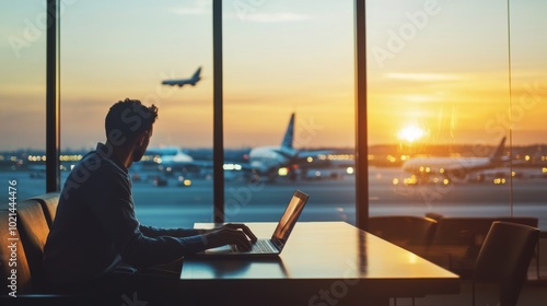 Silhouette of a Man Working on a Laptop at an Airport During Sunset photo