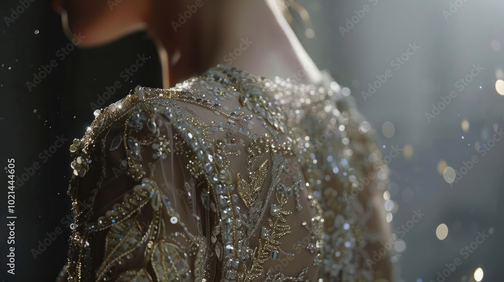 A close-up of haute couture fashion, with detailed shots of hand-beading, embroidery, and luxurious fabrics under refined lighting A close-up of haute couture fashion, with detailed shots of hand-beading, embroidery, and luxurious fabrics under refined lighting