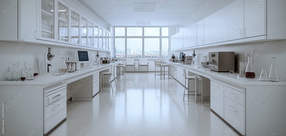 Clean and Modern Laboratory Interior with Symmetrical Design, Scientific Precision, and City Skyline View - Scientific Research Facility Concept Clean and Modern Laboratory Interior with Symmetrical Design, Scientific Precision, and City Skyline View - Scientific Research Facility Concept