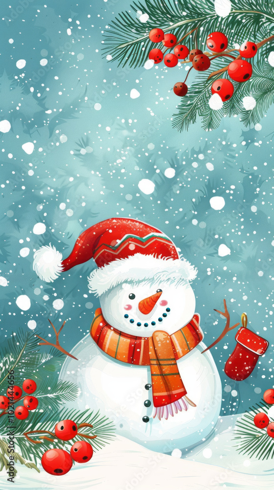 Snowman with red hat stands proudly amidst the falling snowflakes,Generated By Ai Snowman with red hat stands proudly amidst the falling snowflakes,Generated By Ai