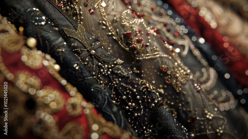 A close-up of luxury evening wear fabrics, showcasing the intricate beading, silk textures, and hand-crafted details under soft lighting photo