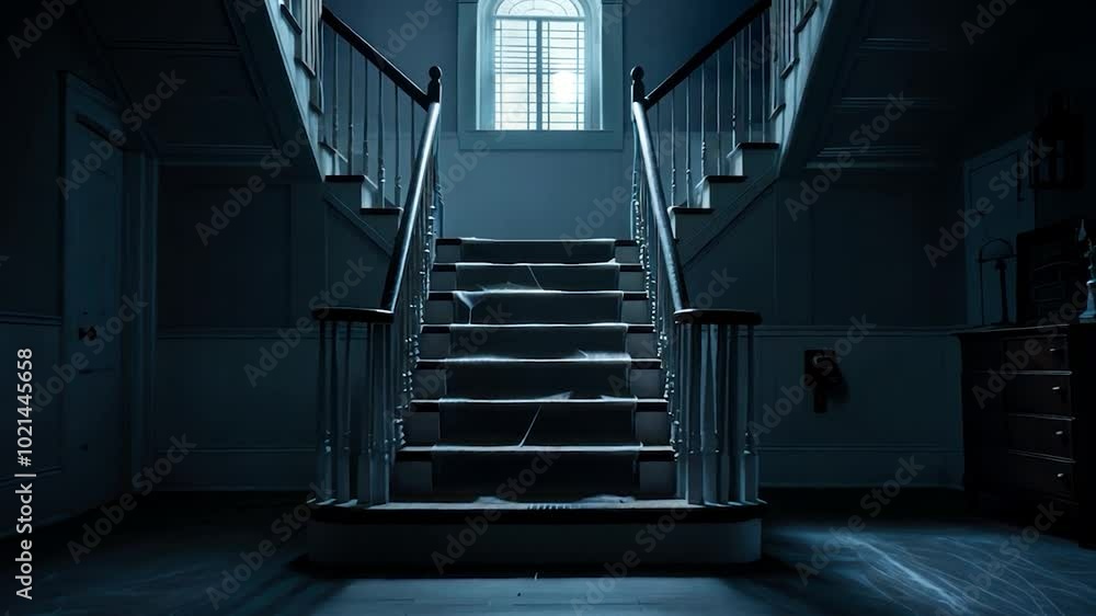 Dimly Lit Staircase in a Mysterious House with Dark Wooden Floors and ...