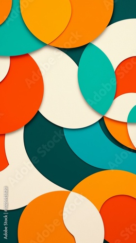 A classic 60s mod-inspired background featuring bright, contrasting colors like orange and teal, with geometric patterns and clean, minimalist shapes. photo