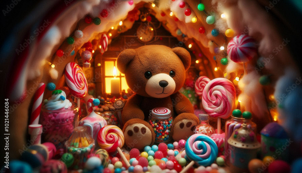 甘い香りが漂うお菓子の家の中にクマのぬいぐるみ 甘い香りが漂うお菓子の家の中にクマのぬいぐるみ
