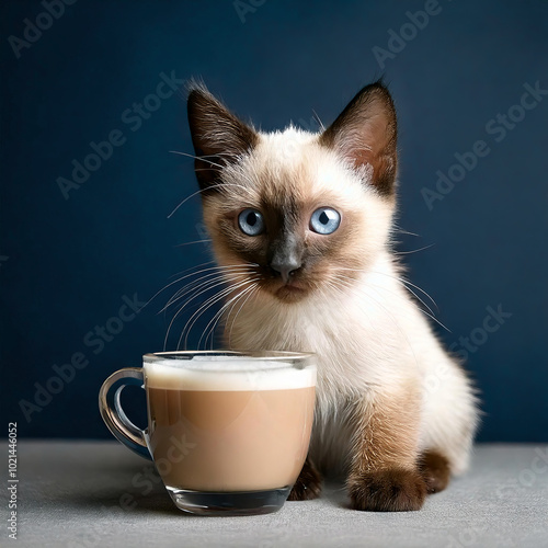 simple portrait of a siamese kitten with a coffee mug latte on navy blue background