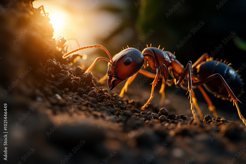 A red ant crawls across the ground, illuminated by the golden rays of the setting sun. A red ant crawls across the ground, illuminated by the golden rays of the setting sun.