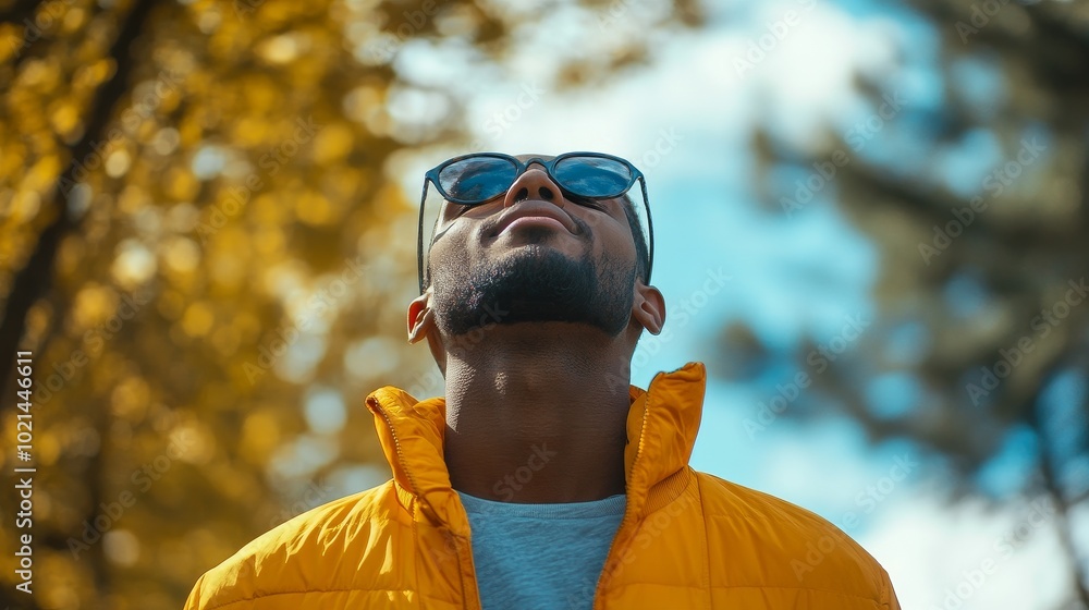 Enjoying a Sunny Autumn Day, a Man in a Yellow Jacket Looks up With Sunglasses, Surrounded by Golden Leaves Enjoying a Sunny Autumn Day, a Man in a Yellow Jacket Looks up With Sunglasses, Surrounded by Golden Leaves
