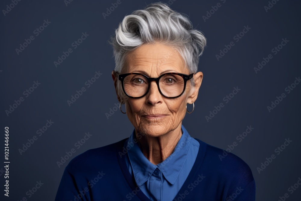 Portrait of a happy senior woman wearing eyeglasses against blue background Portrait of a happy senior woman wearing eyeglasses against blue background