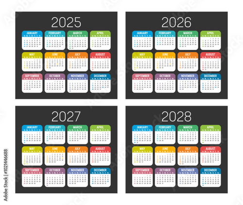Colorful USA calendar set, year 2025 2026 2027 2028 planner, dark background english language