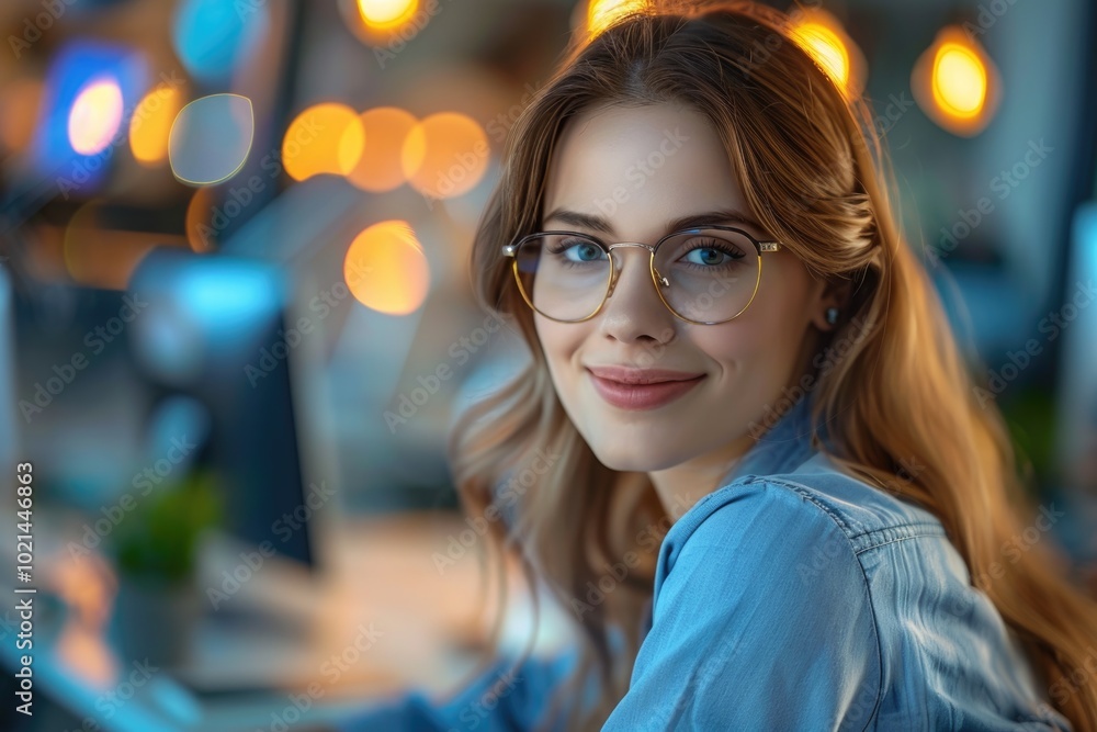 Beautiful business lady is looking at camera and smiling while working in office Beautiful business lady is looking at camera and smiling while working in office