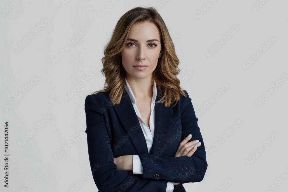 Confident Caucasian female CEO in formal attire with crossed arms Confident Caucasian female CEO in formal attire with crossed arms