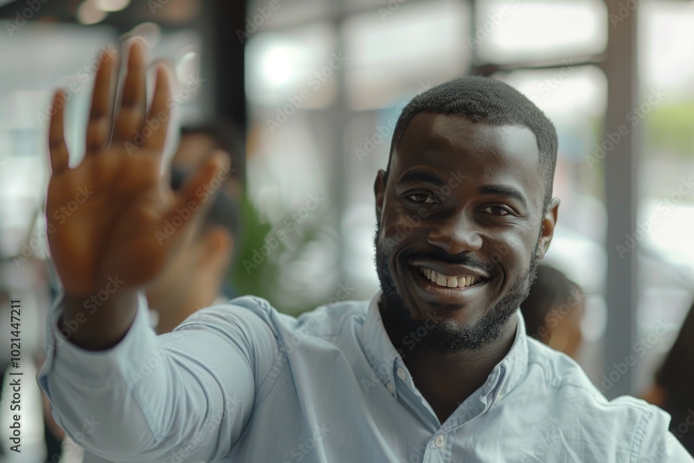 Cheerful African American office worker giving high five to colleagues and looking at camera. Cheerful African American office worker giving high five to colleagues and looking at camera.