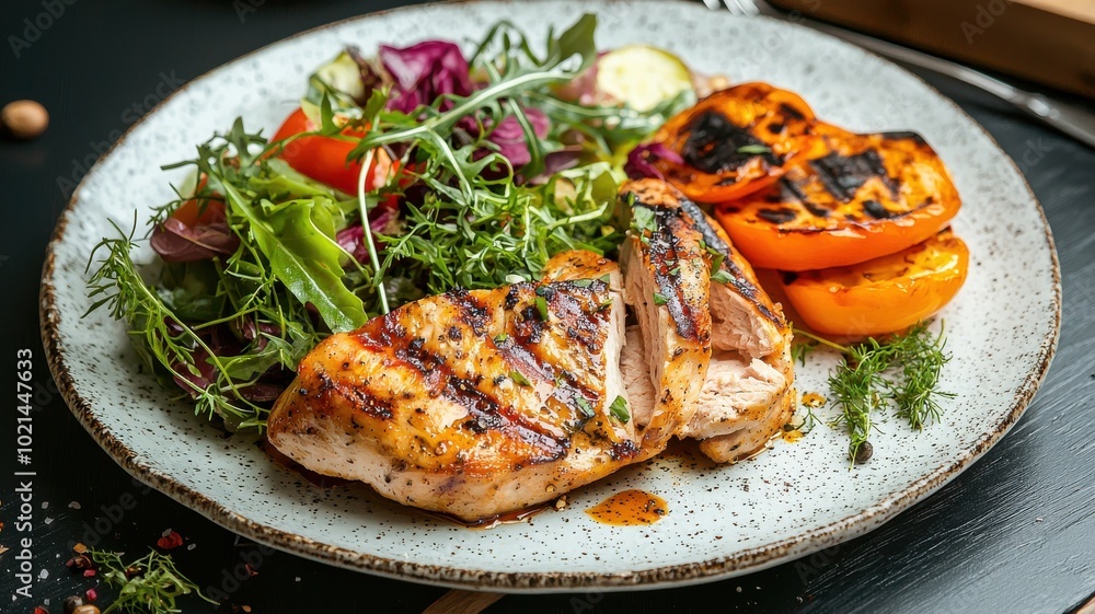 Grilled chicken served with fresh salad and grilled vegetables on a plate. Grilled chicken served with fresh salad and grilled vegetables on a plate.