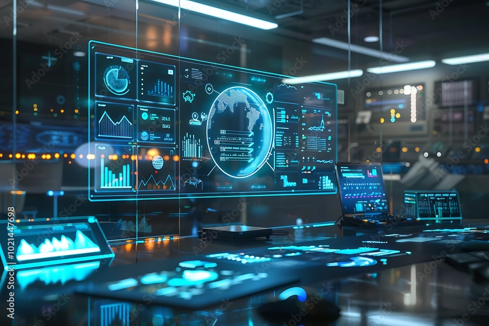 A high-tech office with holographic financial reports and trend analysis floating in the air A high-tech office with holographic financial reports and trend analysis floating in the air