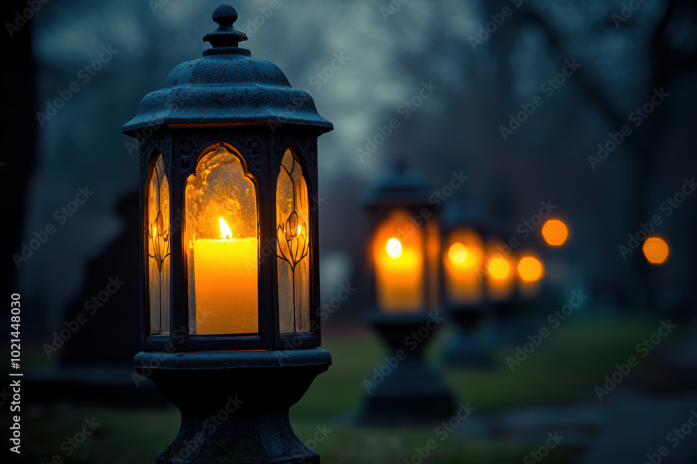 Depth of Field Shot of Candles in Cemetery Lanterns Depth of Field Shot of Candles in Cemetery Lanterns