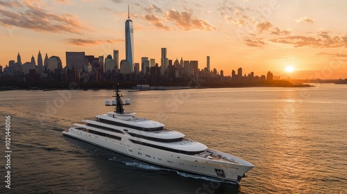 Luxurious Sunset Yacht Cruise with New York City Skyline View - Serene Waterfront Travel Concept