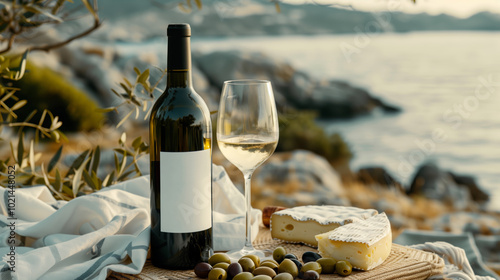 Bottle of wine with an blank mock-up label, freshly baked bread, olives and cheese photo