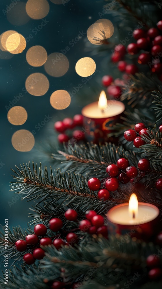 Christmas red berries and candles with green tree branches on a fuzzy background Christmas red berries and candles with green tree branches on a fuzzy background