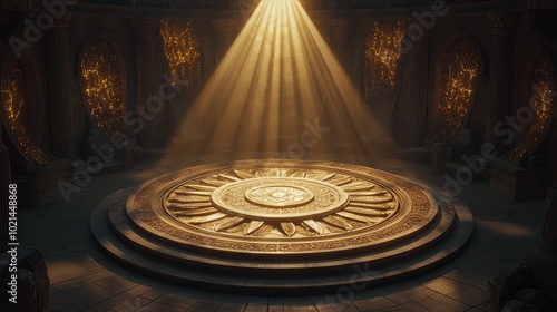 Golden Sun Circle Mystical Grandeur in Ancient Hall, Intricately Carved Platform with Pillars, Archways, Symbolic Illumination - Fantasy Setting