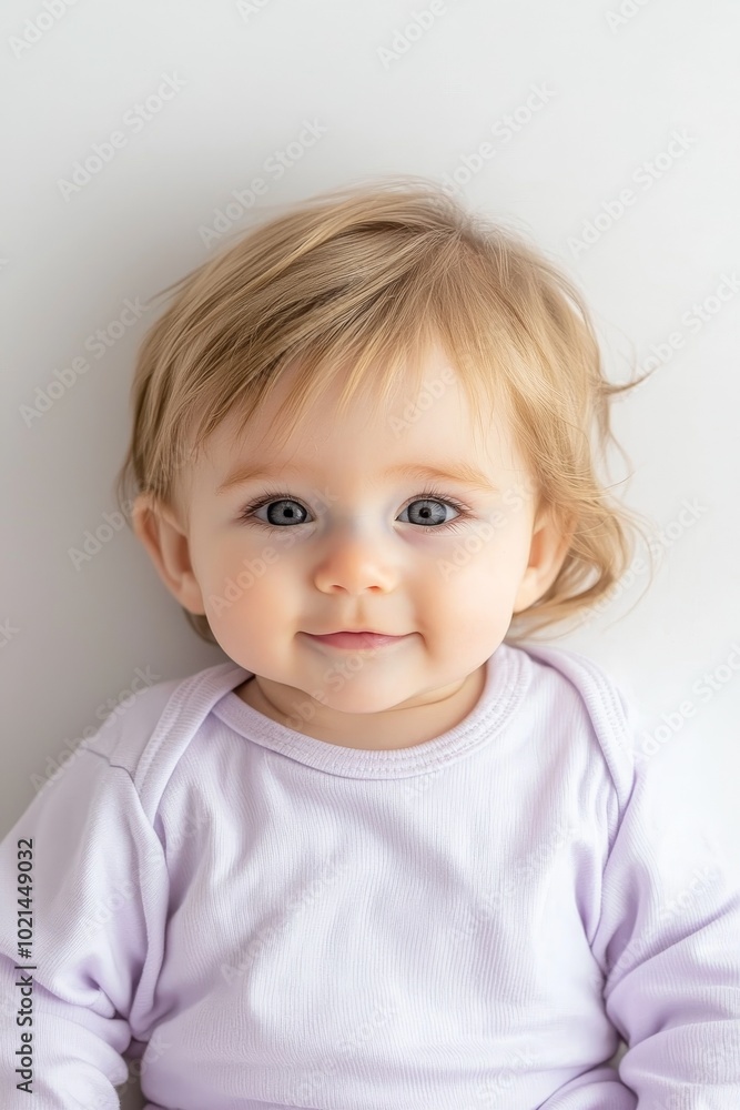 Adorable Curious Baby in Soft Purple Shirt, Innocence and Joy, Studio Portrait with Neutral Background, Infantile Innocence Concept Adorable Curious Baby in Soft Purple Shirt, Innocence and Joy, Studio Portrait with Neutral Background, Infantile Innocence Concept