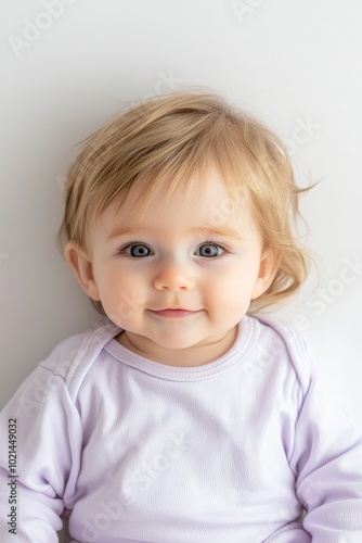 Adorable Curious Baby in Soft Purple Shirt, Innocence and Joy, Studio Portrait with Neutral Background, Infantile Innocence Concept