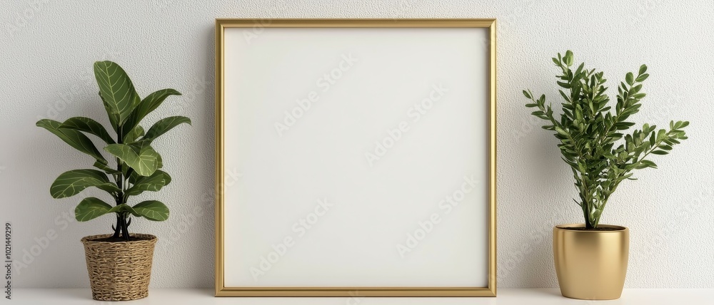 Elegant Gold Frame with Green Plants on White Wall - Minimalist Home Decor Elegant Gold Frame with Green Plants on White Wall - Minimalist Home Decor