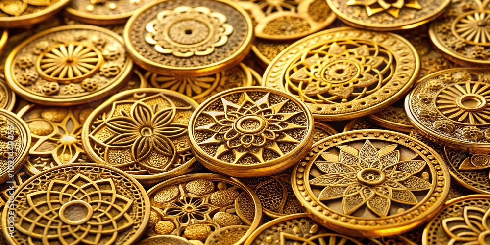 Intricate Gold Coin Cutouts Displaying Unique Patterns and Designs for Decorative Purposes Intricate Gold Coin Cutouts Displaying Unique Patterns and Designs for Decorative Purposes