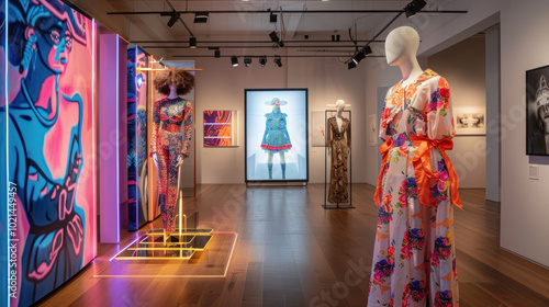 A fashion spread featuring upcycled luxury fashion pieces, set in a modern art gallery with bold lighting creating a sophisticated atmosphere