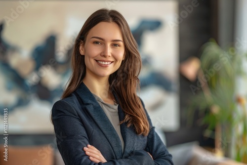 Confident female professional manager posing in office portrait.